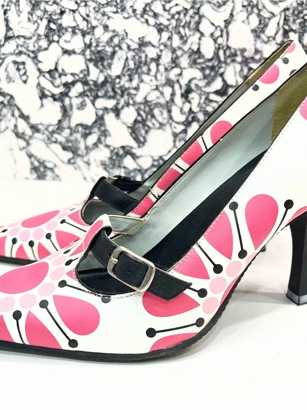 MIA Pink & White Patterned Mary Jane Heels with Black Strap - Picture 5 of 10